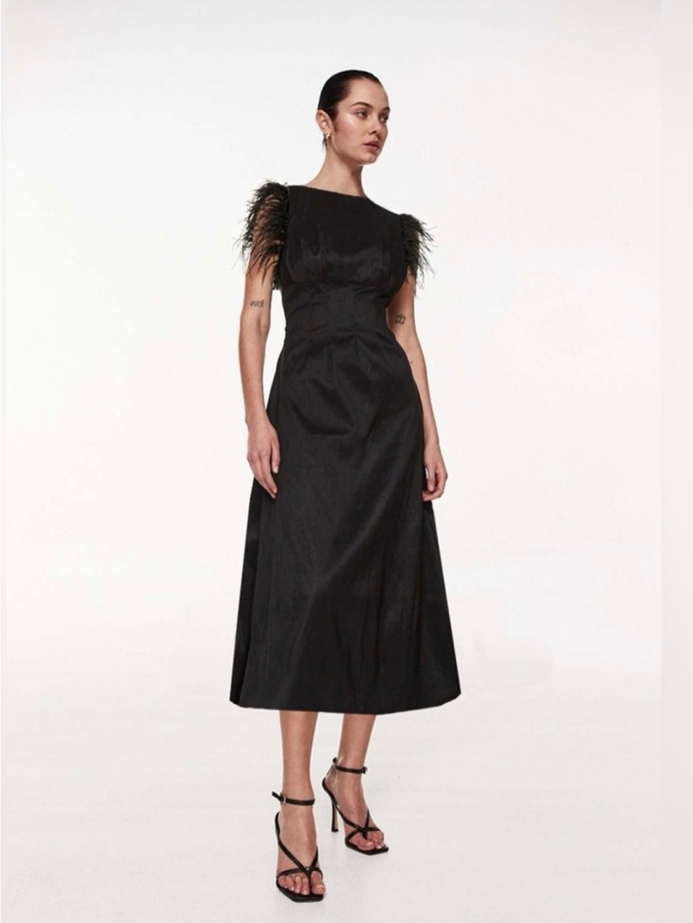Rachel Gilbert Beckett Feather Trim Black Midi Dress, size 4